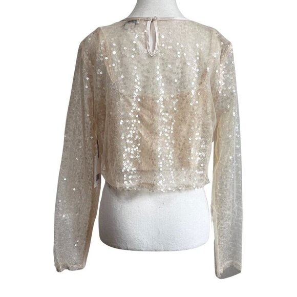 NWT JASON WU CHAMPAGNE SEQUIN ORGANZA LAYERED LONG SLEEVE CROP TOP - M - Picture 3 of 12